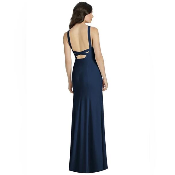 NWT Dessy Collection Vivian Diamond Crepe Halter Trumpet Gown Midnight Navy Sz 2 - Picture 2 of 12